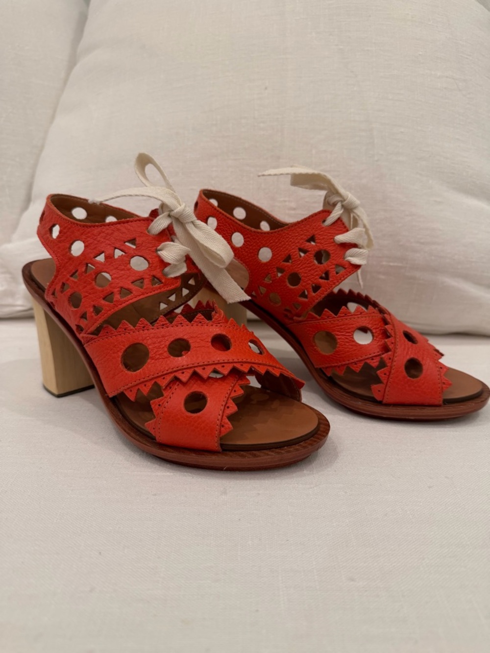 leifsdottir Orange Scalloped Perforated Lace-Up Block Heel Sandals leather